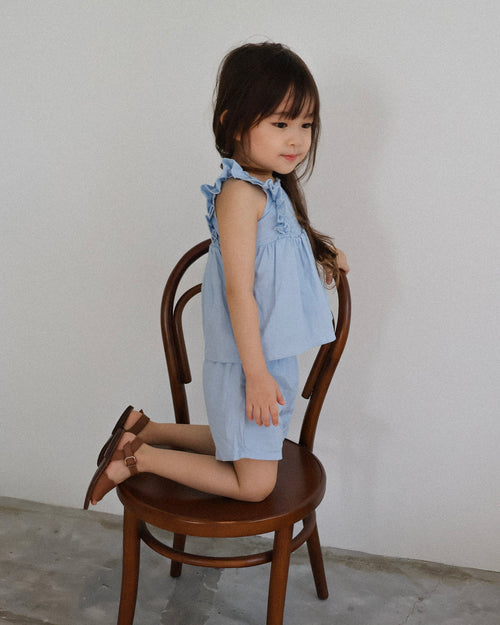 Smocked bodice ruffle-trim set in blue