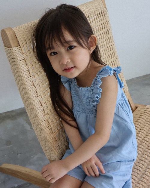 Smocked bodice ruffle-trim set in blue