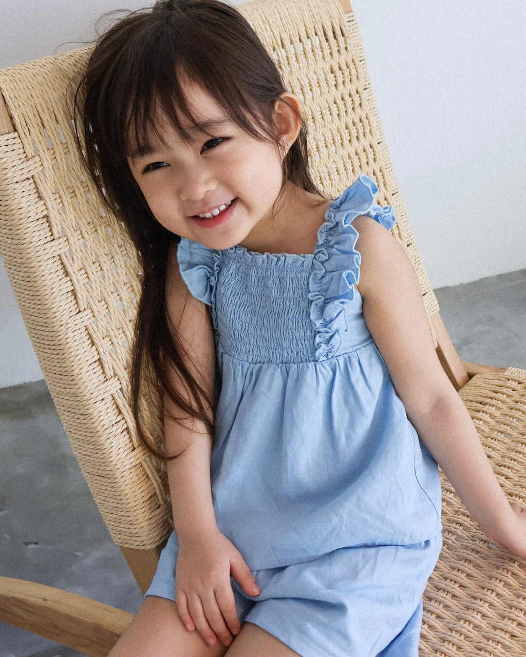 Smocked bodice ruffle-trim set in blue