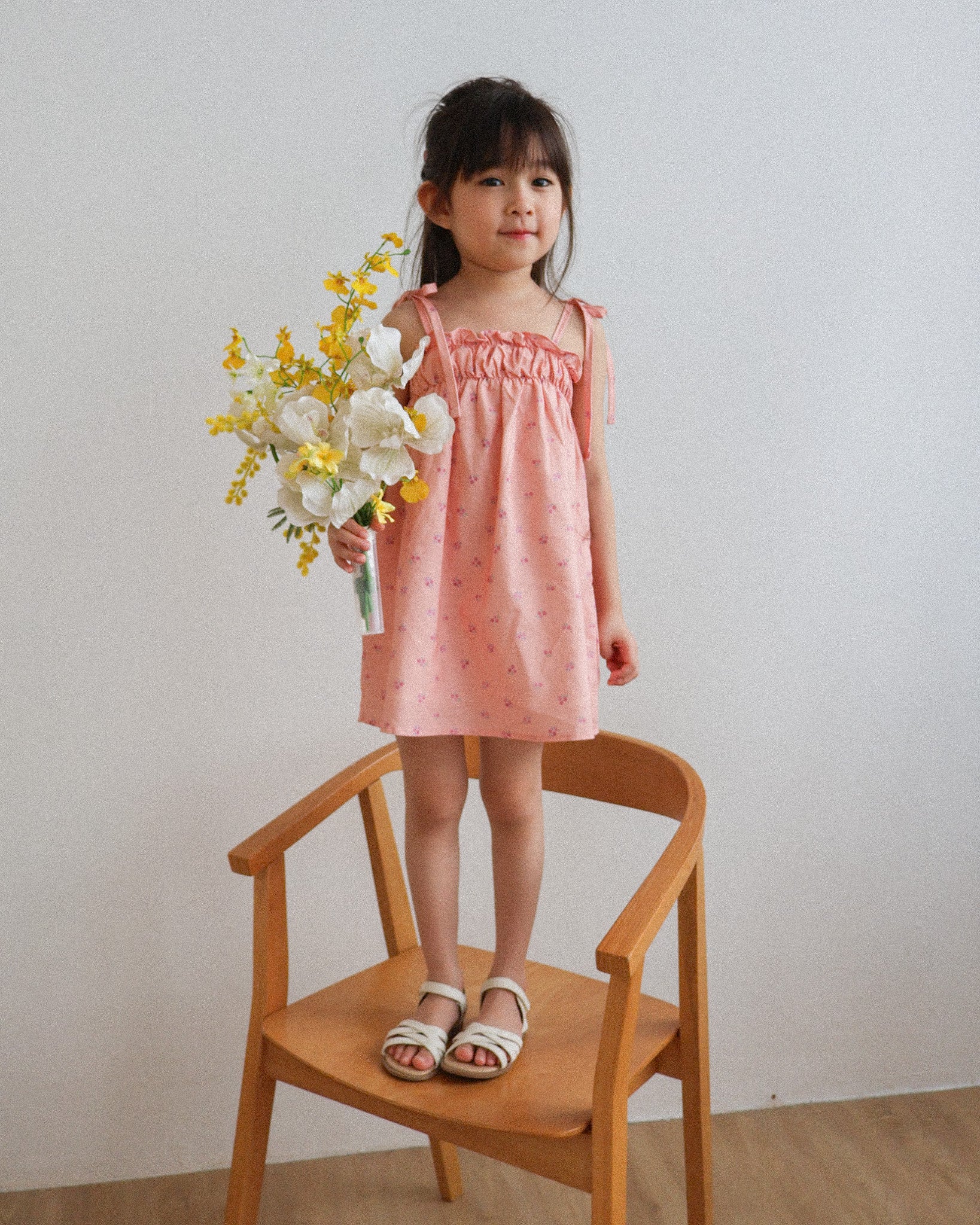 Tie-strap ruffle-neck dress in peach