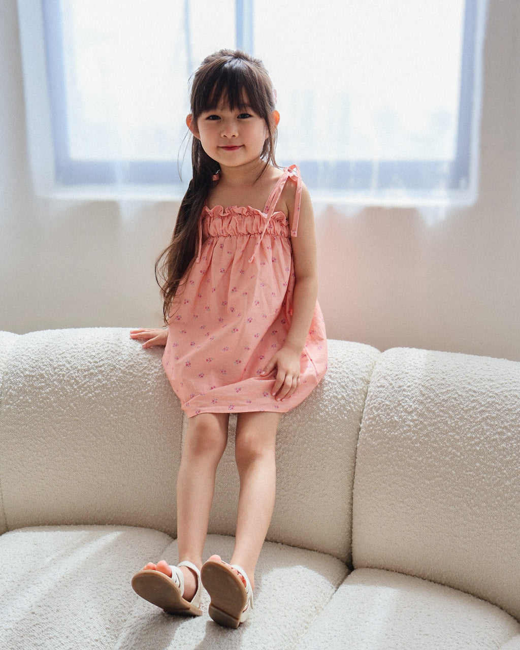 Tie-strap ruffle-neck dress in peach
