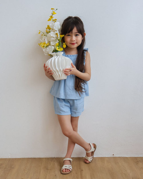 Smocked bodice ruffle-trim set in blue