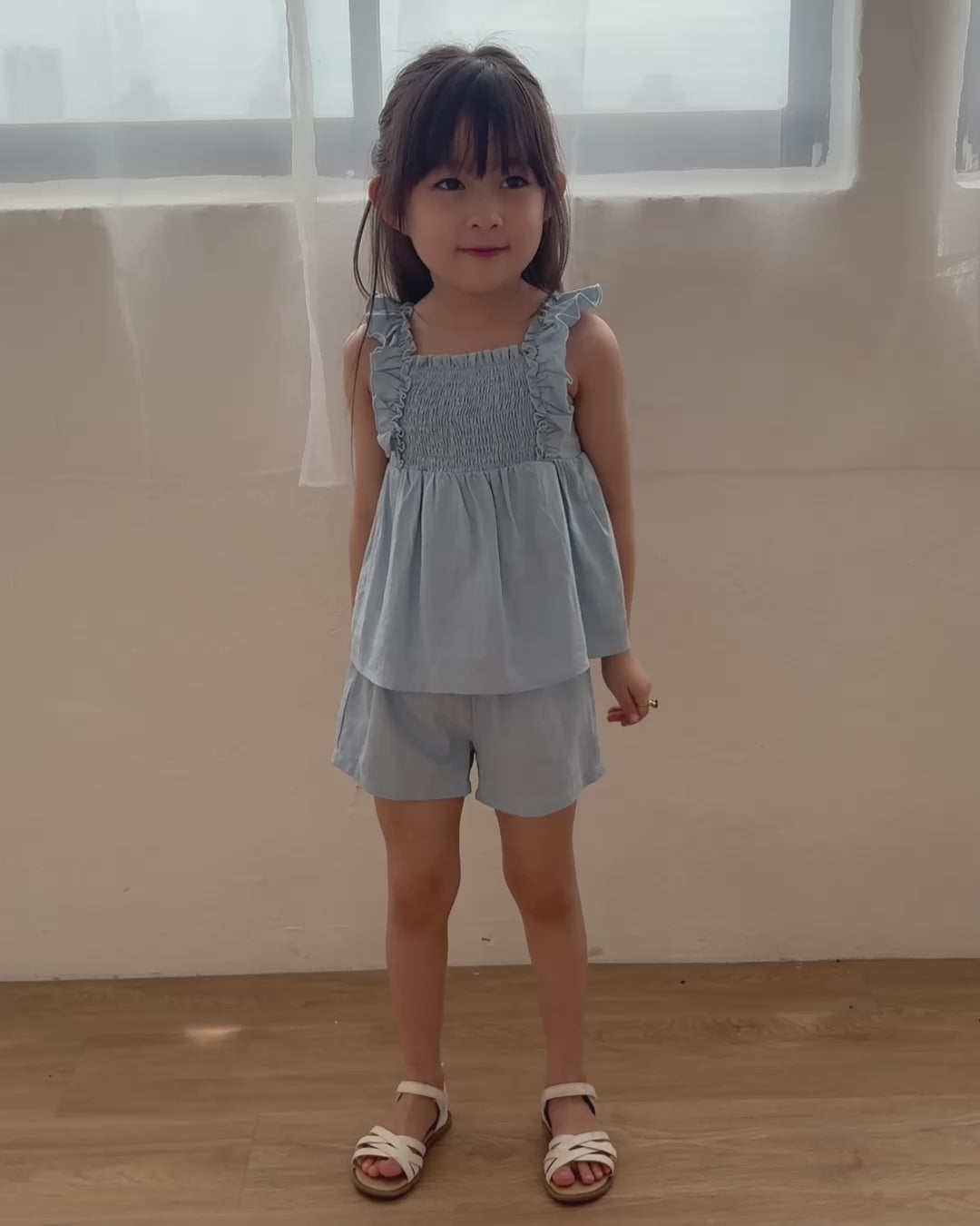 Smocked bodice ruffle-trim set in blue
